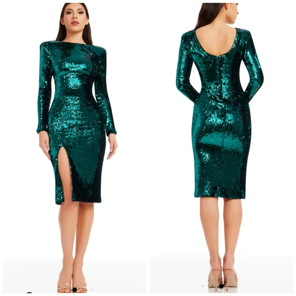 Dress the Populationnatalie Sequin Long Sleeve Dress - Deep Emerald  - coffeafoods.com
